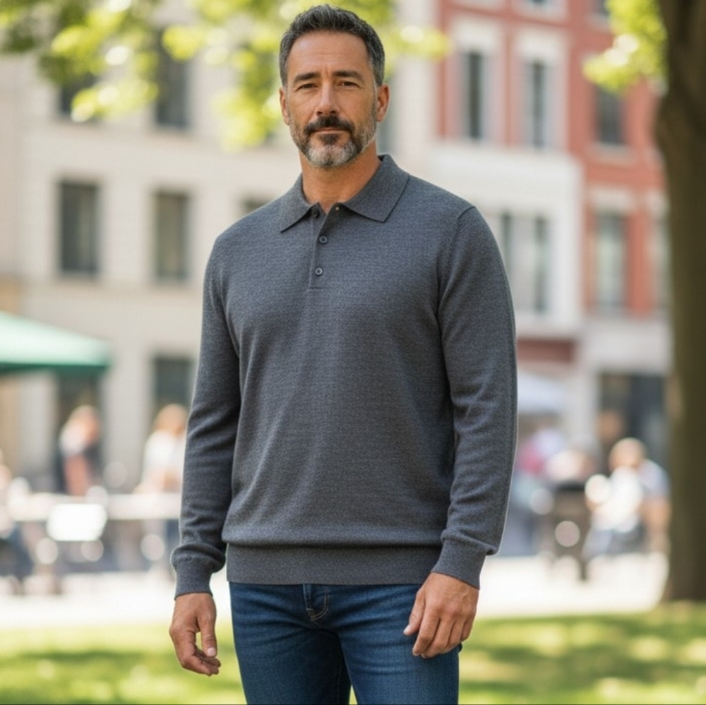 J. Crew Men's Heathered Navy Gray Long Sleeve Polo